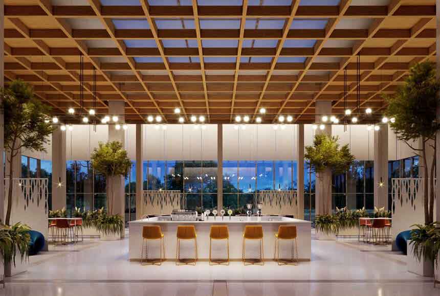 رستوران مدرن با تأکید بر زوایای 90 درجه، فرم و نمای شیشه ای