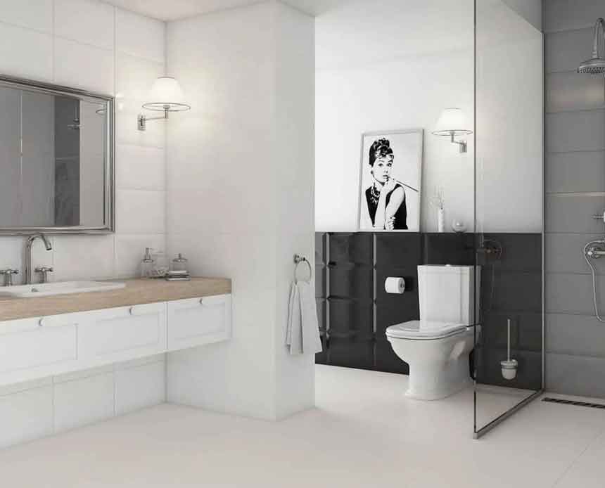 کاشی های سفید و مشکی در سرویس بهداشتی فضایی مونوکروماتیک و تمیزی می سازند